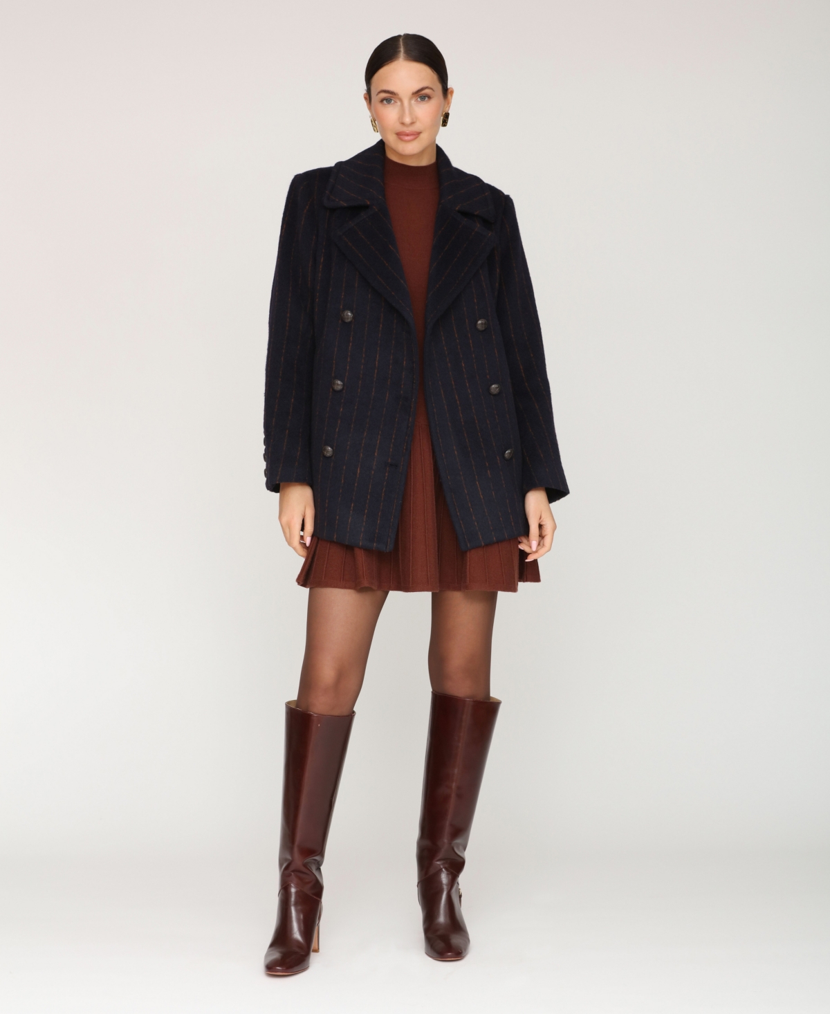 Avec Les Filles Women's Short Double Breasted Wool Pinstripe Coat In Black