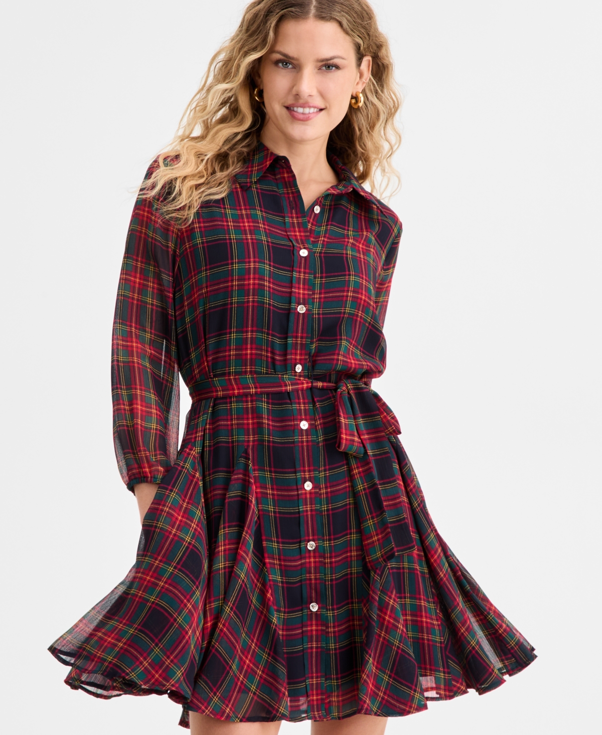Tommy Hilfiger Women's Plaid Short Flared Shirtdress In Multi
