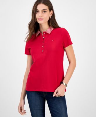 Women's Metallic Striped-Collar Polo Shirt