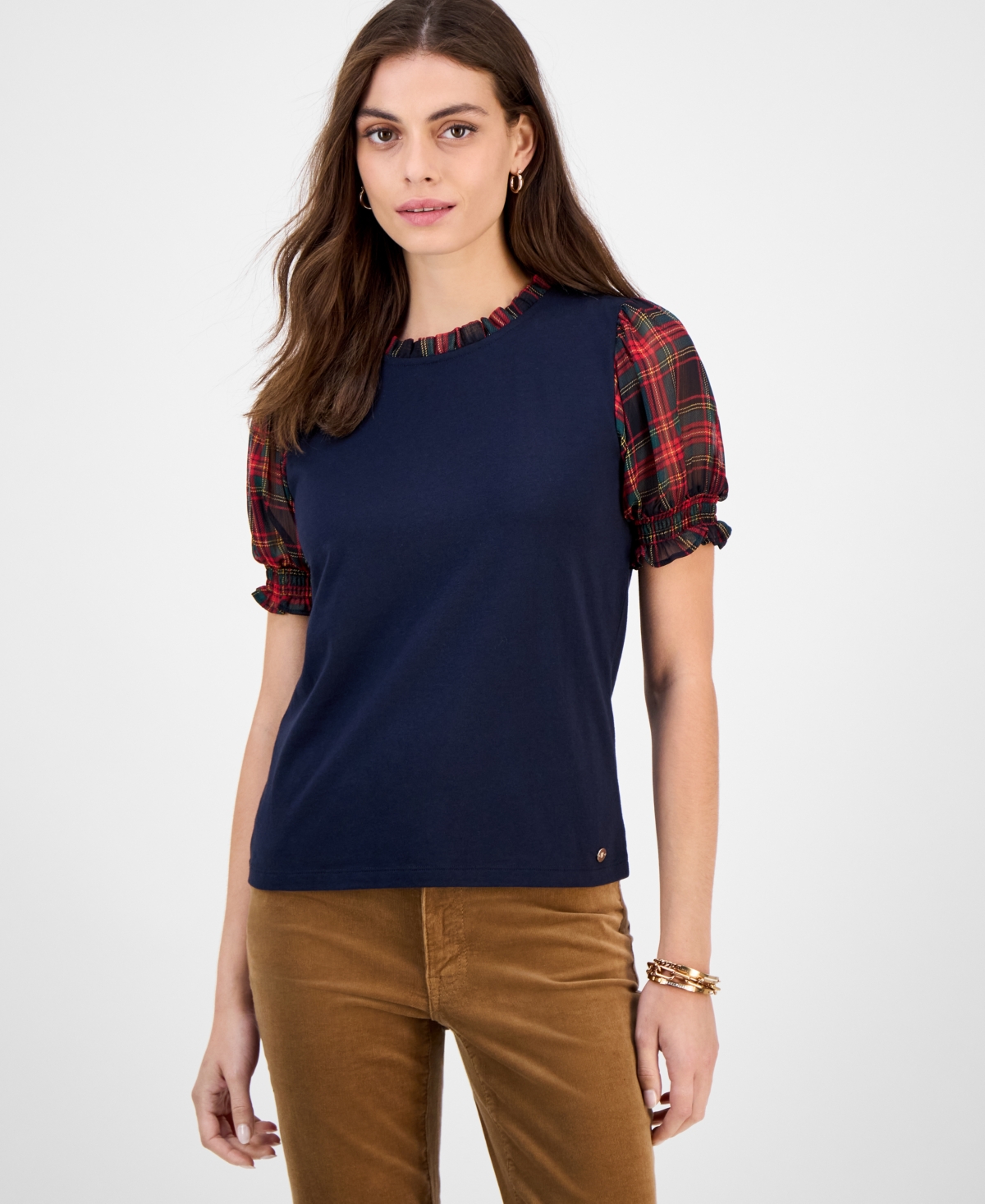 Tommy Hilfiger Women's Mixed-Media Plaid Puff-Sleeve Top