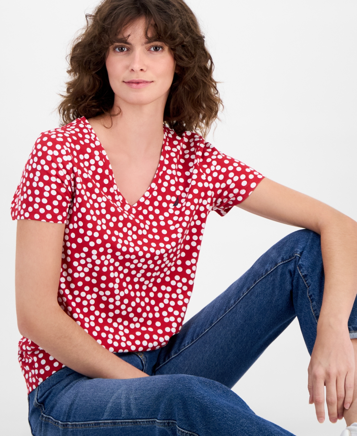 Nautica Jeans Women's Snow Dot V-neck T-shirt In Red