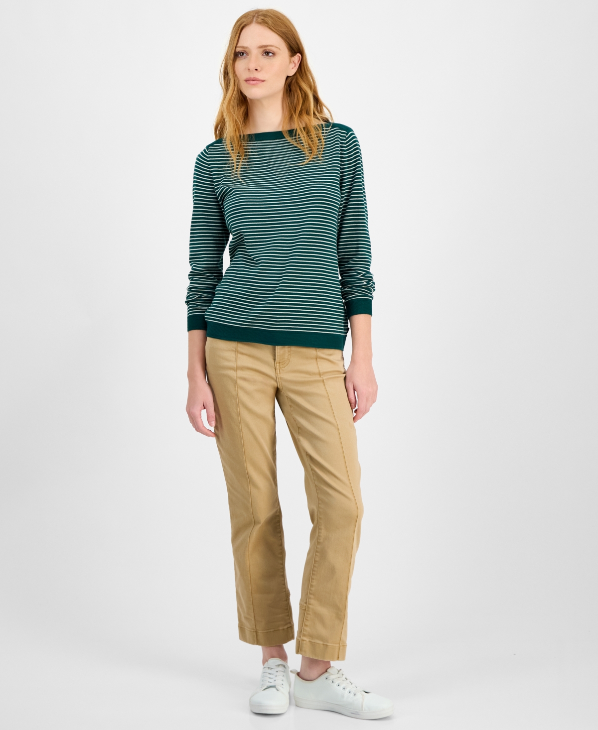 Nautica Jeans Women's Cotton Striped Boat-neck Sweater In Green