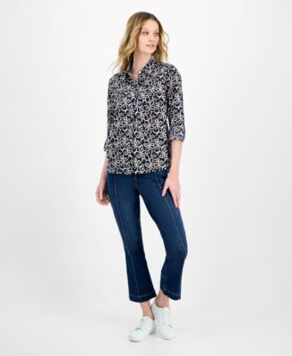 be Women’s Ribbon-Print Roll Tab Shirt