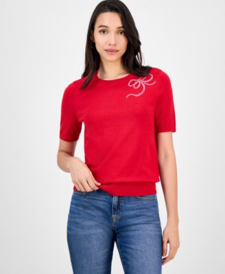 Women's Rhinestone-Bow Short-Sleeve Sweater
