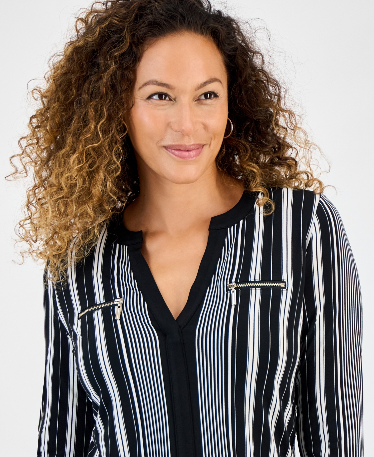 Jm Collection Petite Printed Long-sleeve Faux-pocket Top In Black