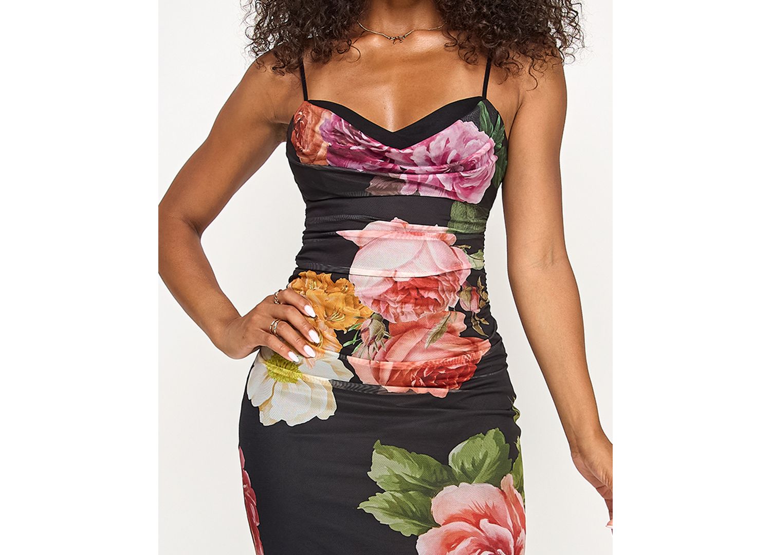 Juniors' Cowl Neck Floral Mesh Sleeveless Gown