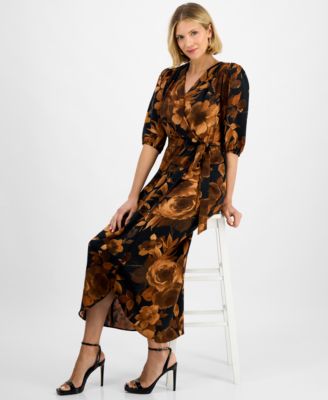 Women's Faux-Wrap Long-Sleeve Maxi Dress