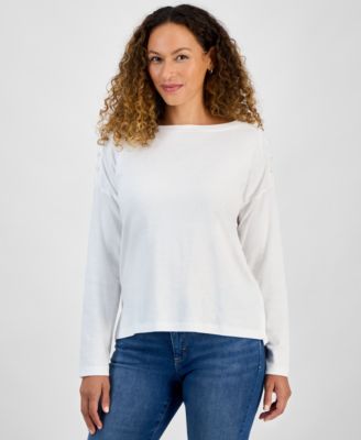 Petite Cotton Long-Sleeve Scoop-Neck Top, Macy's Exclusive