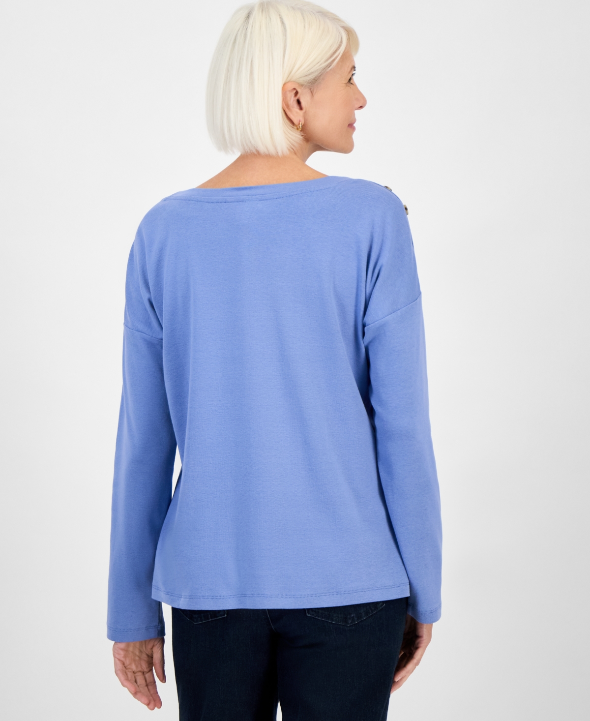 Style & Co Petite Cotton Long-sleeve Scoop-neck Top, Macy's Exclusive In Blue