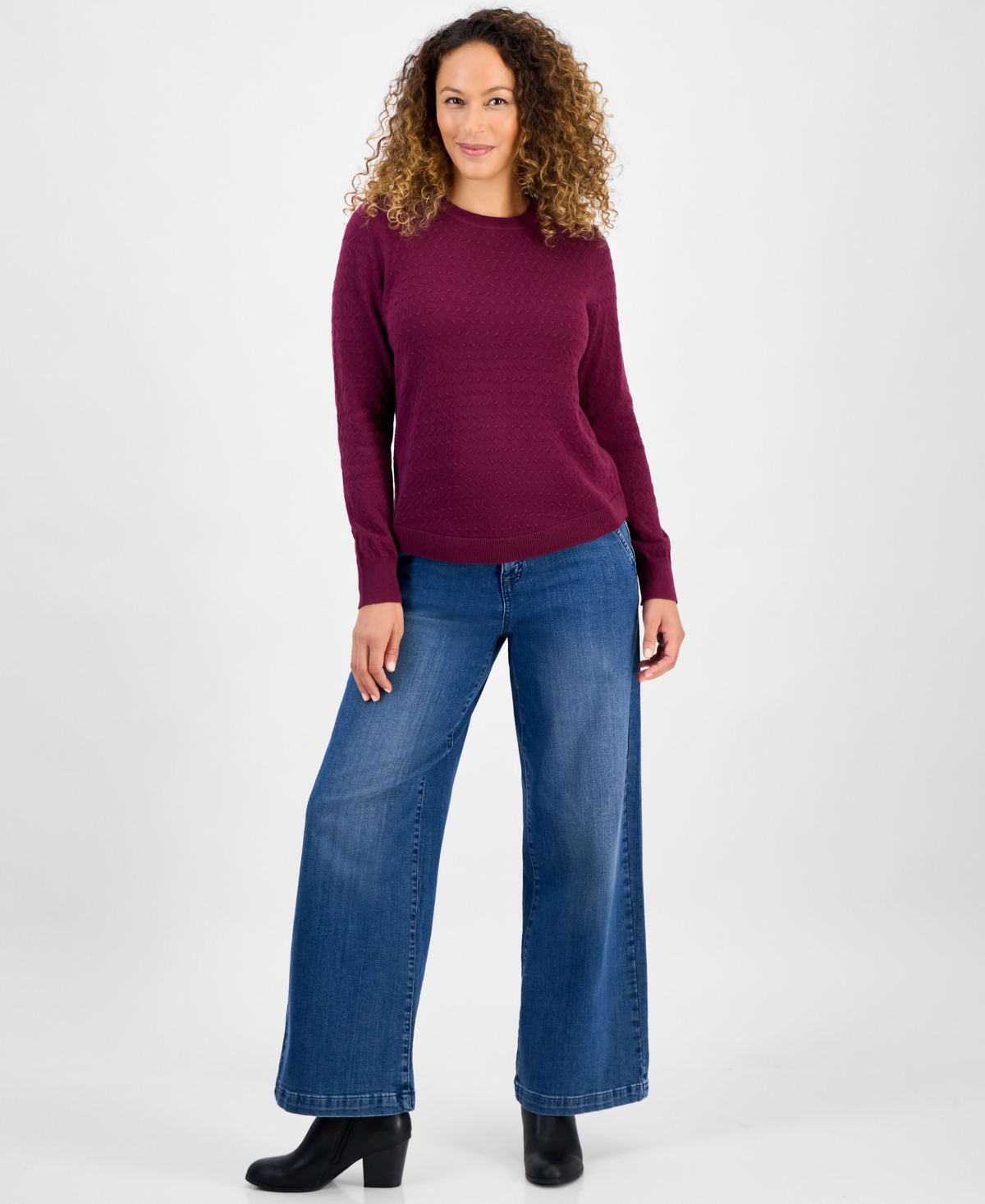 Style & Co Petite Cotton Pointelle Knit Sweater, Macy's Exclusive In Burgundy