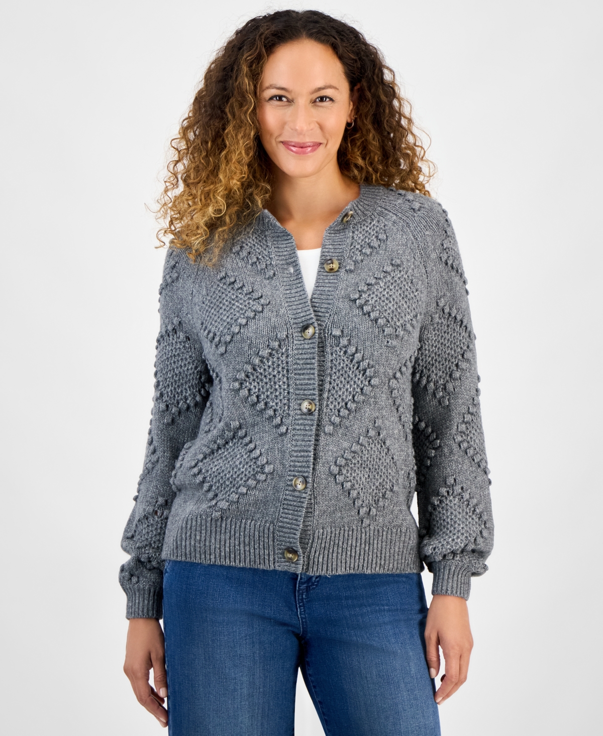 Style & Co Petite Pom Pom Pattern Cardigan, Macy's Exclusive In Gray
