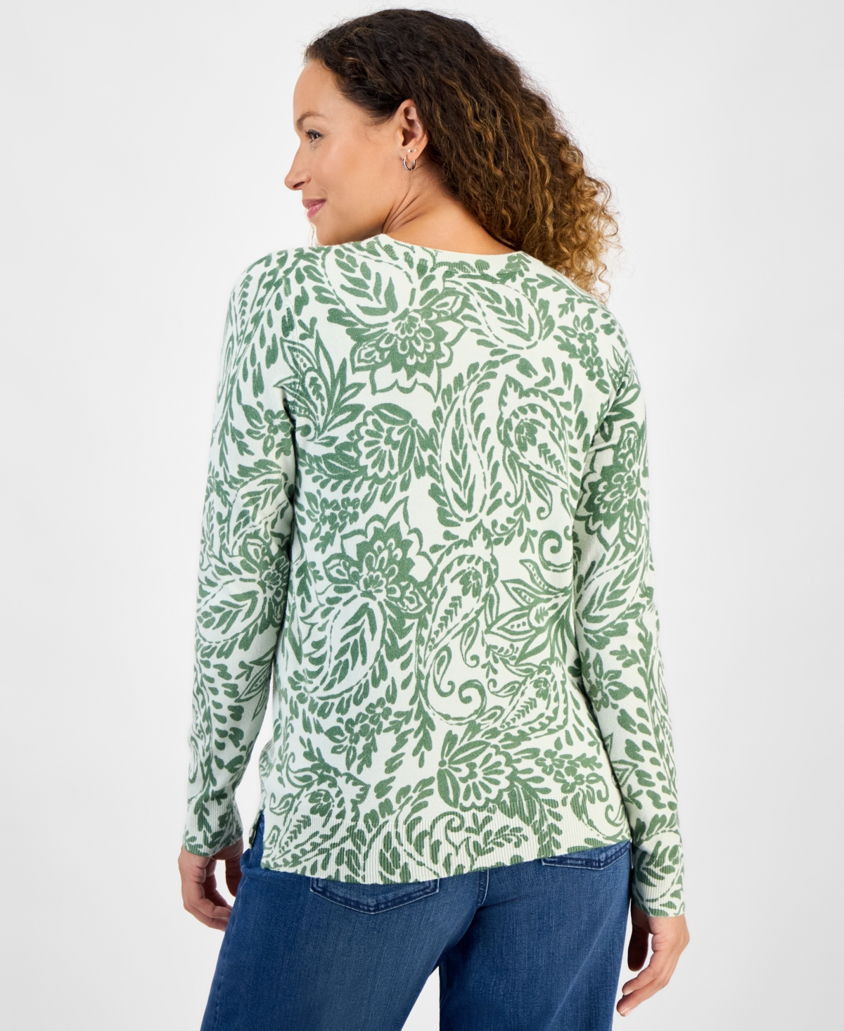 Style & Co Petite Paisley-print Long-sleeve Sweater, Macy's Exclusive In Green