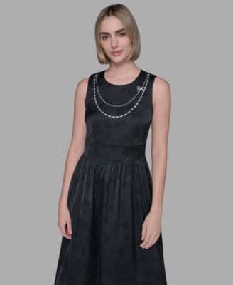 Women's Embellished Jacquard Fit and Flare Dress