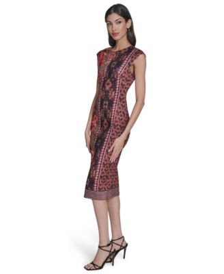 Women's Printed Scuba Extended Sleeve Bodycon  Dress
