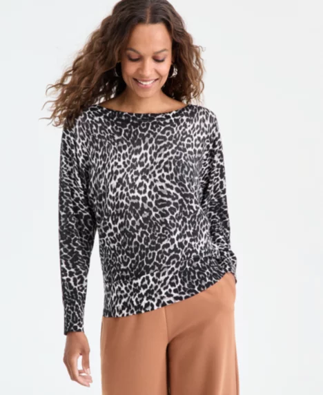 Petite Lightweight Boat-Neck Sweater - Caesy Cheetah Black