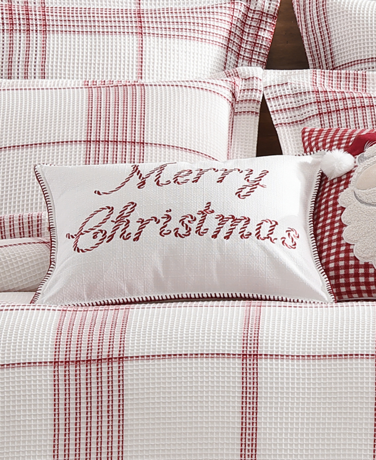 Levtex Peppermint Plaid Merry Embroidered Decorative Pillow, 18" X 14" In Red