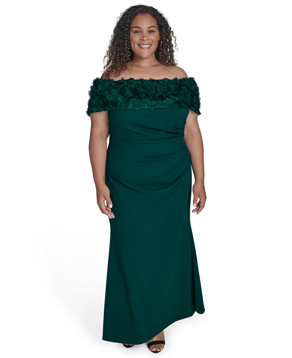 Eliza J Plus Size Rosette-trim Off-the-shoulder Evening Gown In Green