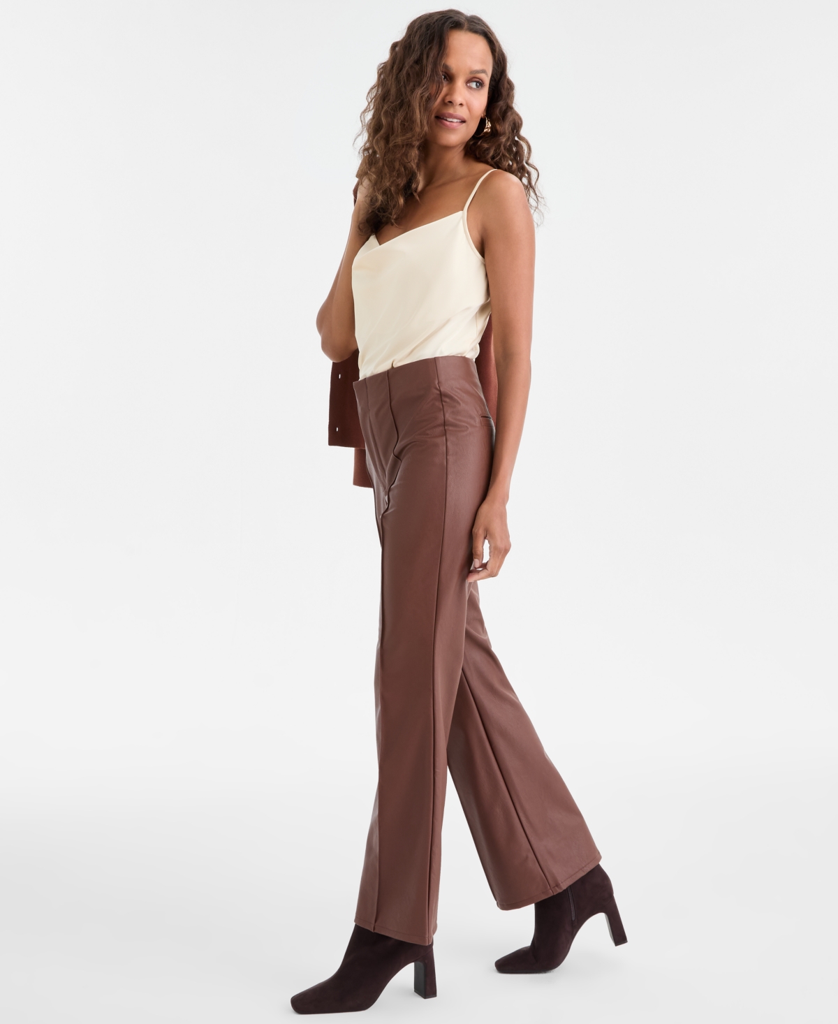 Inc International Concepts Petite Faux-leather Flared Pants, Macy's Exclusive In Brown