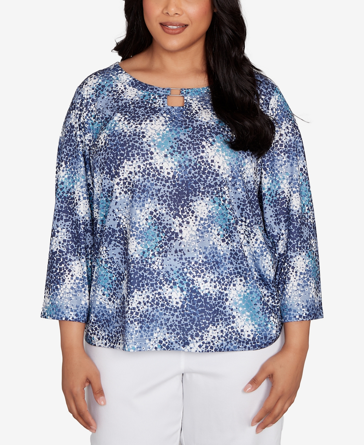 Hearts Of Palm Plus Size Printed Poly Square Ring Neck Top