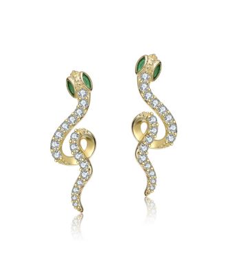 14K Gold Plated with Green Eyed Snake Drop Earrings