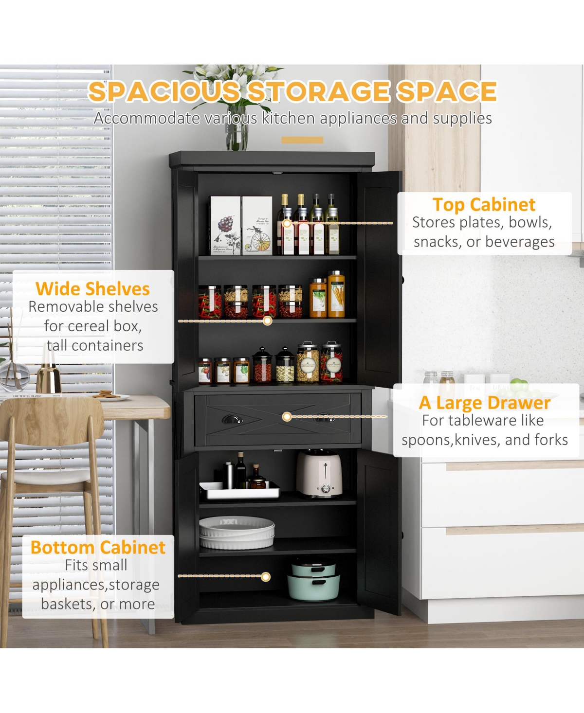 Homcom Farmhouse Kitchen Pantry with 6-Tier Shelves, 1 Drawer,