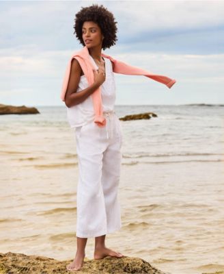 Women's High Rise Drawstring Linen Wide Leg Crop Pants