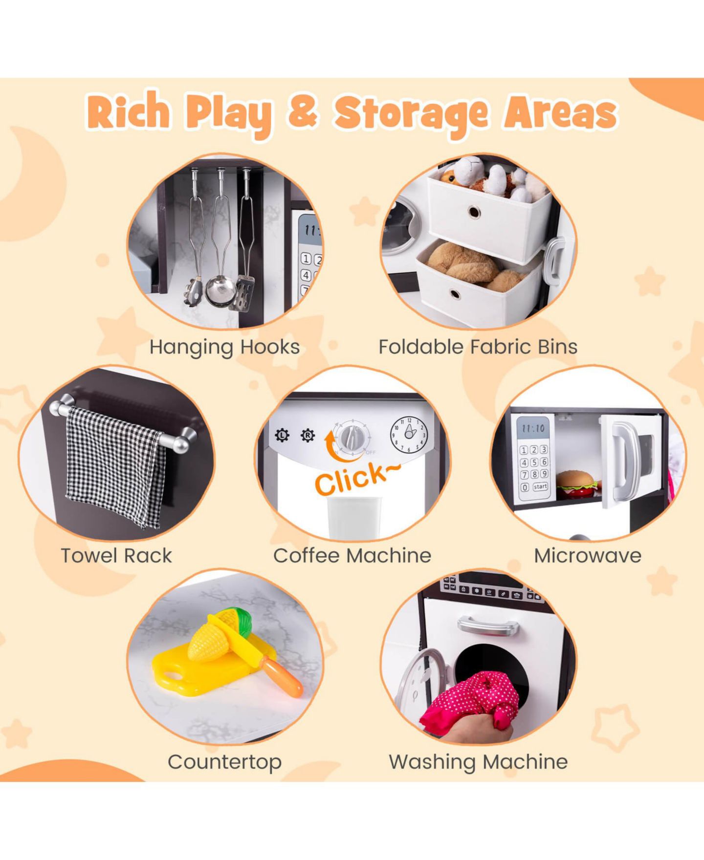 Детский игровой набор Costway Lighted Corner Kitchen Playset, Ages 3+, цвет: Коричневый — фото 8