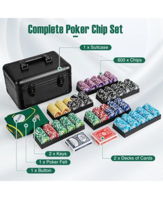 Texas Holdem Poker Chip Set with 600 Pieces Chips 2 Deck of Cards & Dealer Button