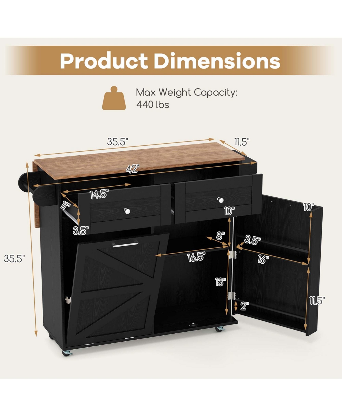 Costway Rolling Kitchen Island Cart with Drop Leaf Trash Can Cabinet
