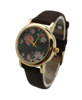 Brown Solid Colors with Flowers Details Women Watch