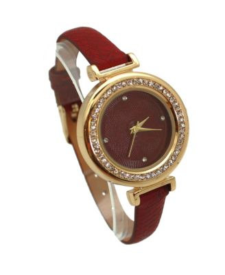 Burgundy Thin Solid Color Strap and Rhinestones Women Watch