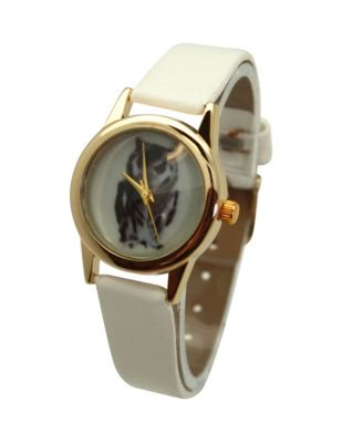 White Owl Drawing Face Faux Leather Band Women Watch