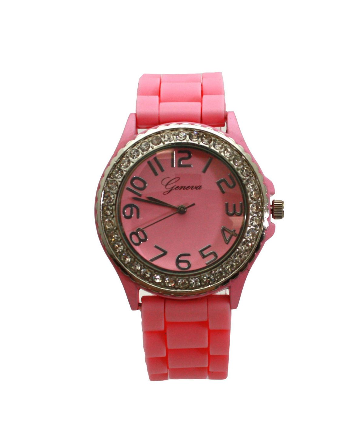Светло-розовые разноцветные женские часы с силиконом и стразами на каждый день