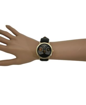 BLACK DAZZLING OWL FACE LEATHER STRAP WATCH