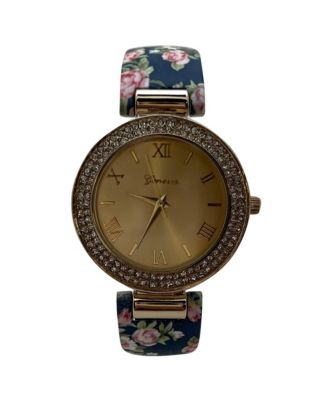Navy Floral Printed Soft Band Bangle Women Watch