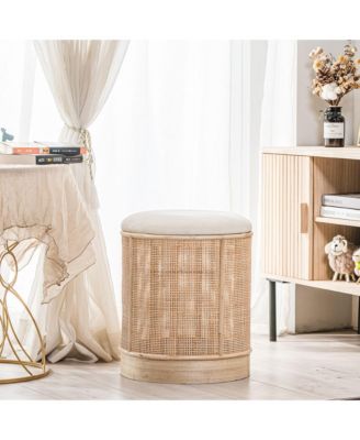 - Beige Velvet and Rattan Pouf Exotic Boho Upholstery Living Room