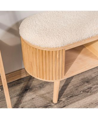 - White Boucl&eacute; and Wood Storage Bench Exotic Boho Entry