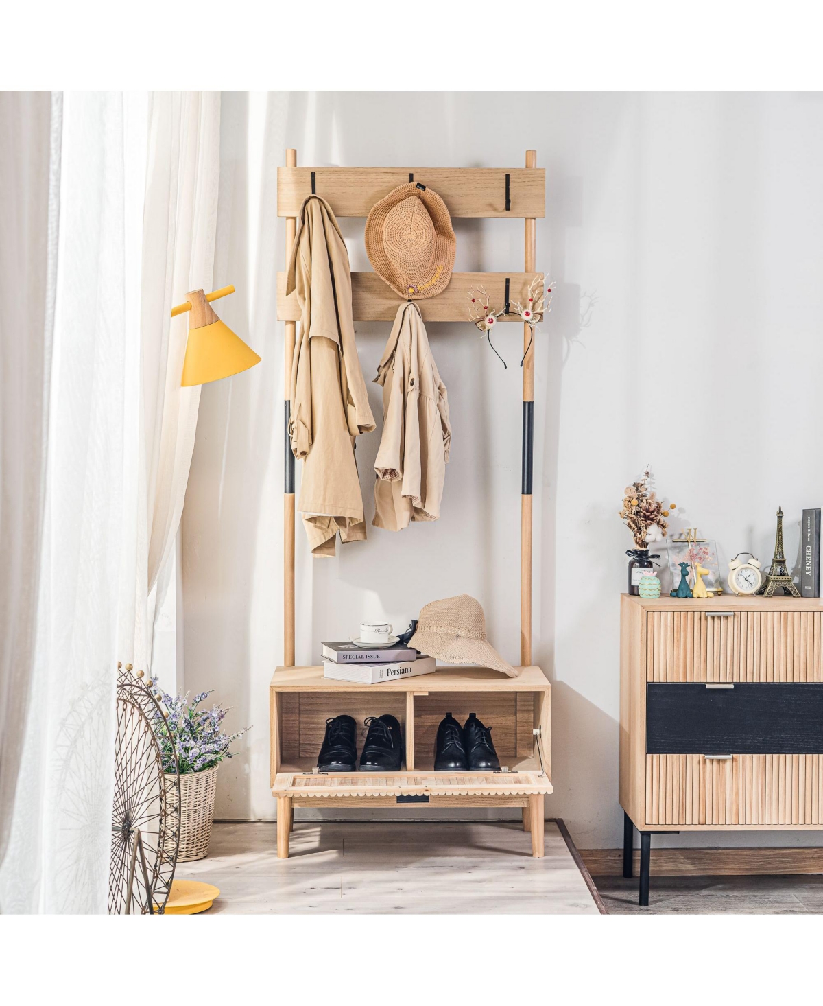 Nordlys - Solid Wood Hall Tree with Storage Industrial Style Entry