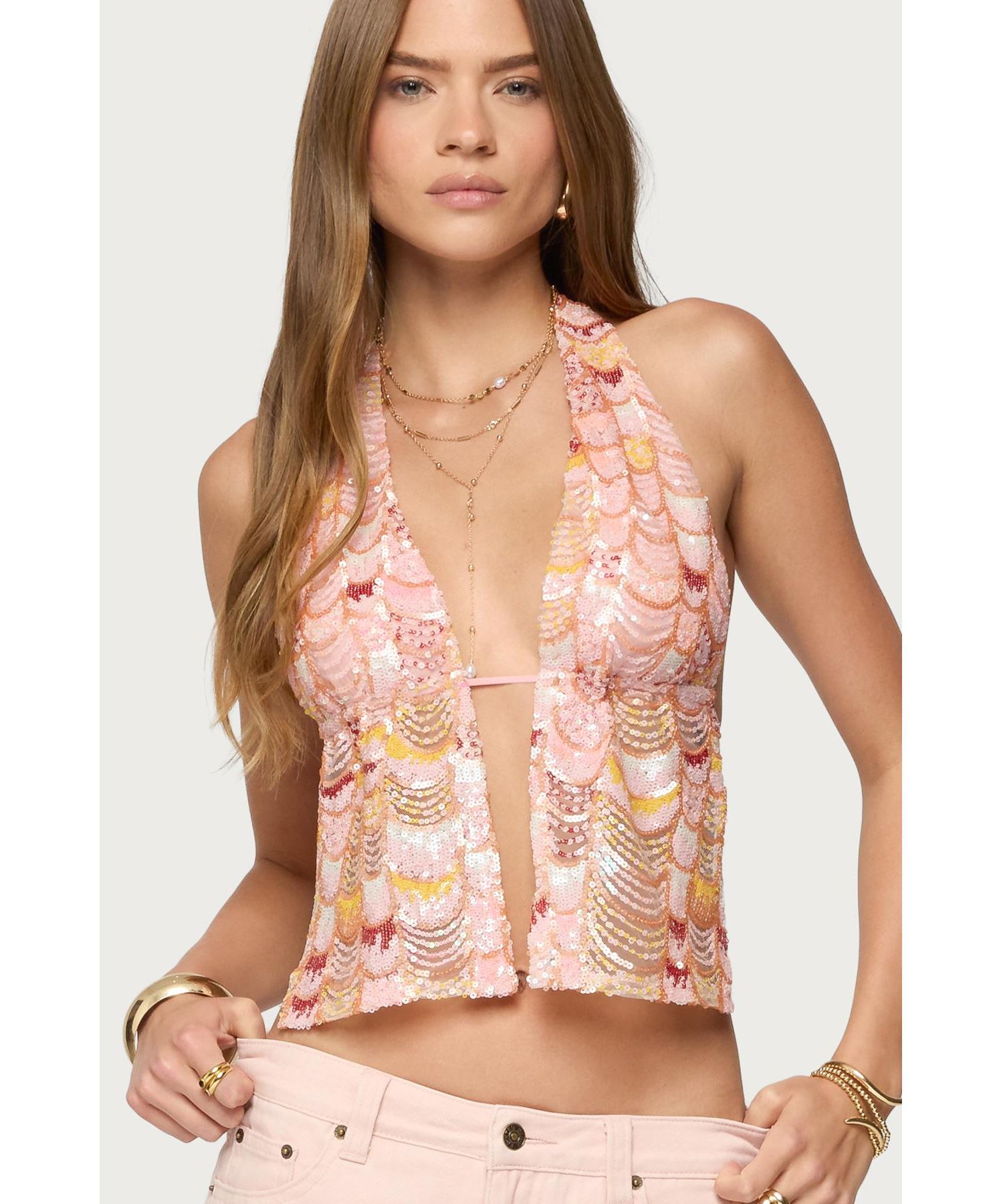 Women's Mermaid Backless Sequin Split Front Top