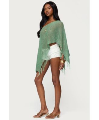 Women's Sequin Fringe Knit Poncho