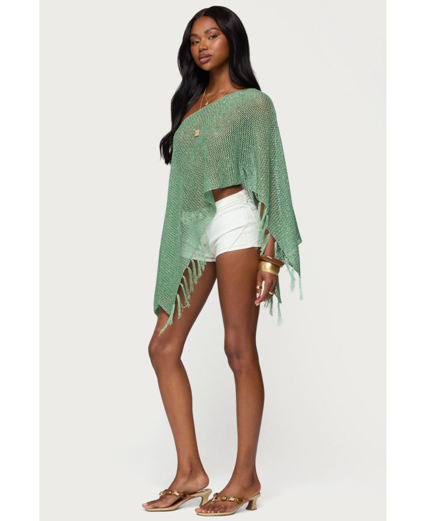 Edikted Women's Sequin Fringe Knit Poncho, цвет: Зелёный — фото 2