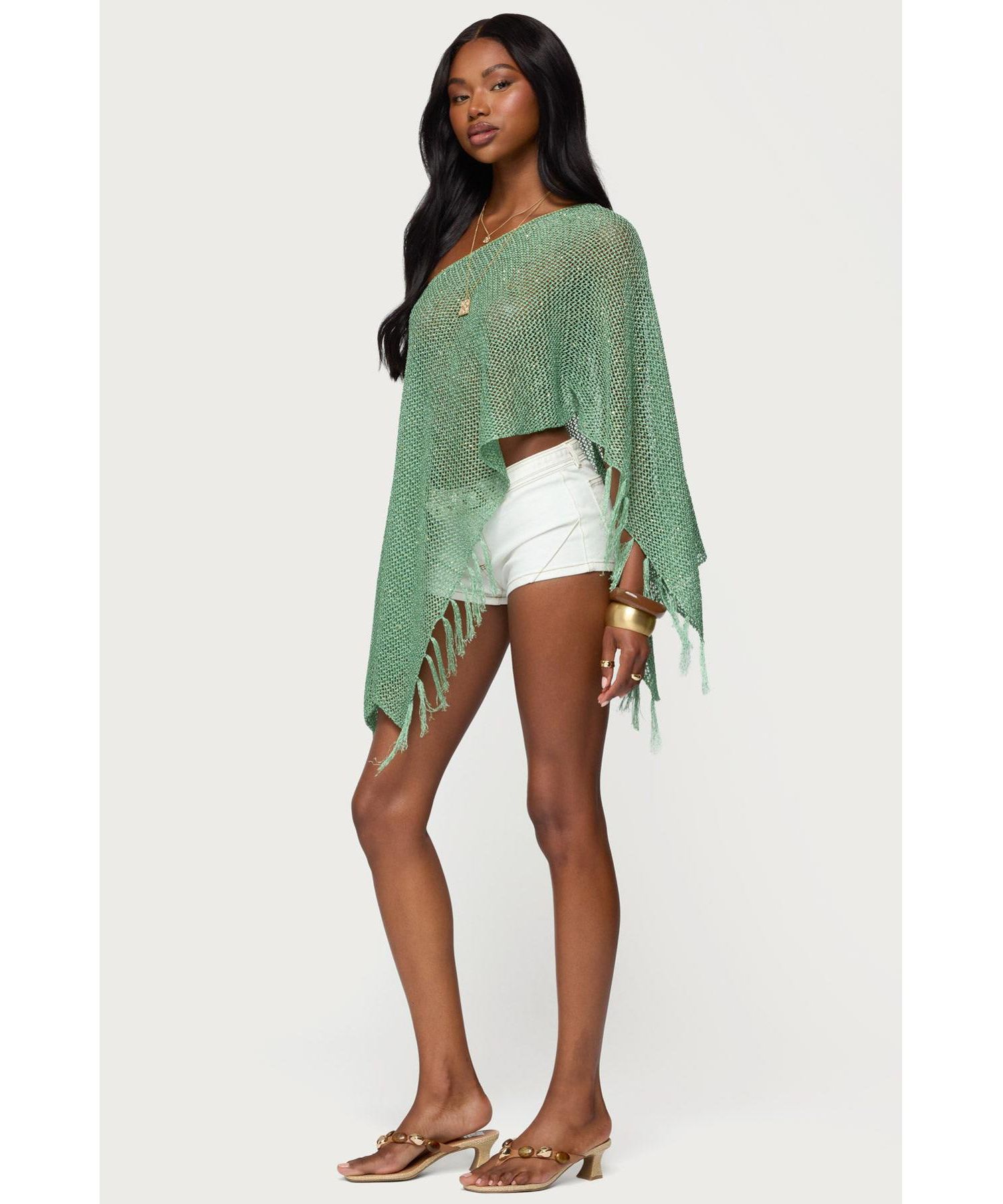 Women's Sequin Fringe Knit Poncho