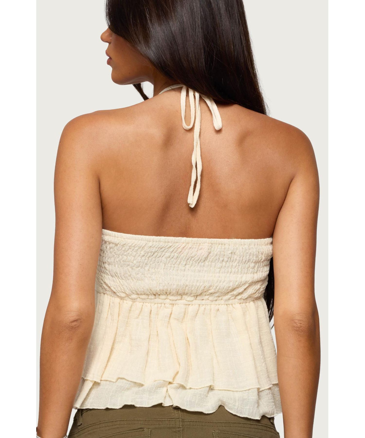 Womens Layered Linen Look Babydoll Halter Top