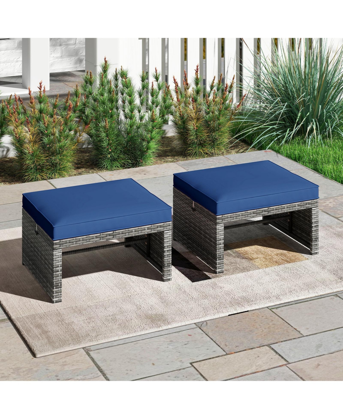 Gymax 2 Pieces Patio Pe Rattan Ottomans with Soft Zippered Cushions for Deck