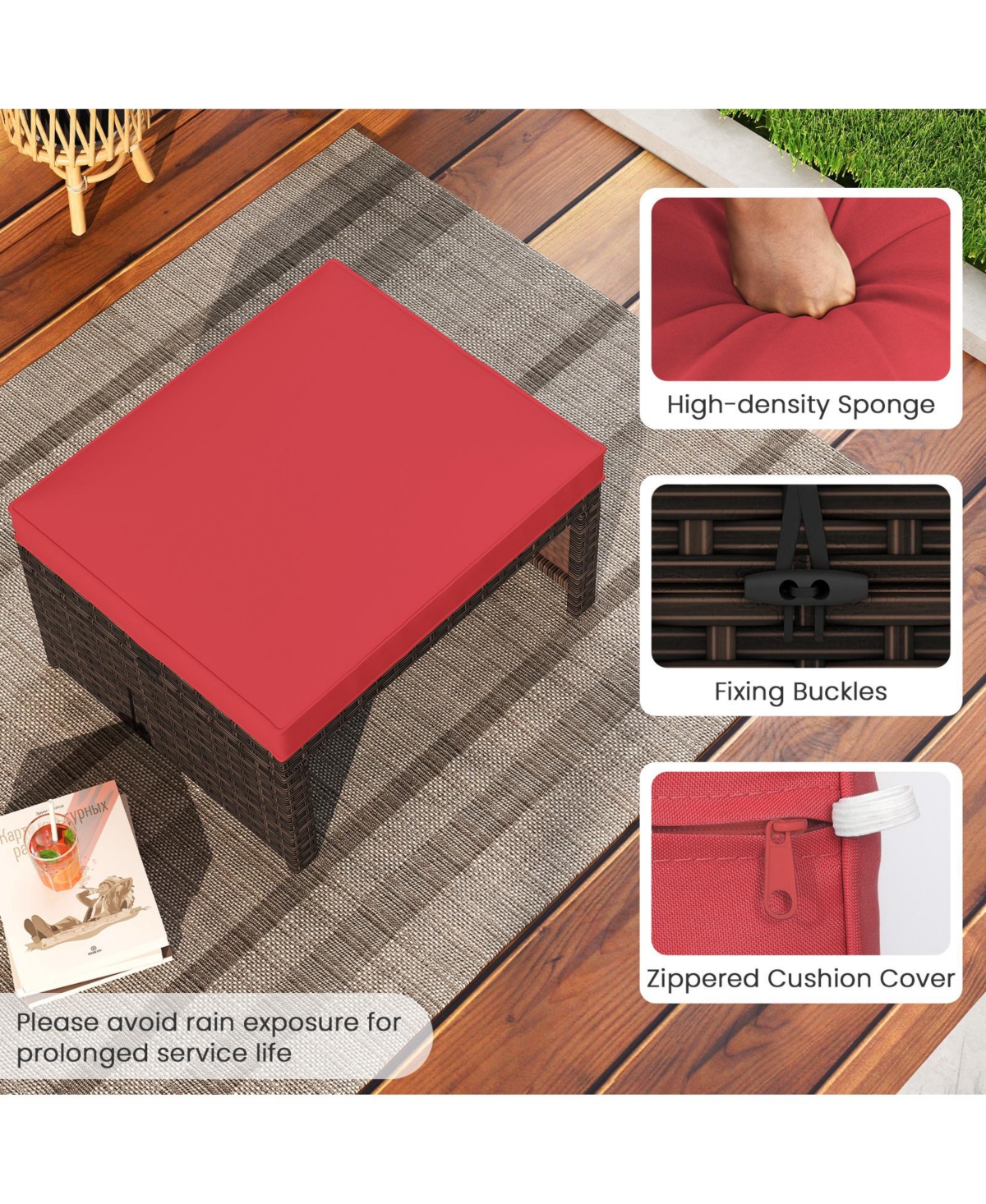 Gymax Set of 2 Patio Pe Rattan Ottomans w/ Soft Zippered Cushions for Deck Outdoor