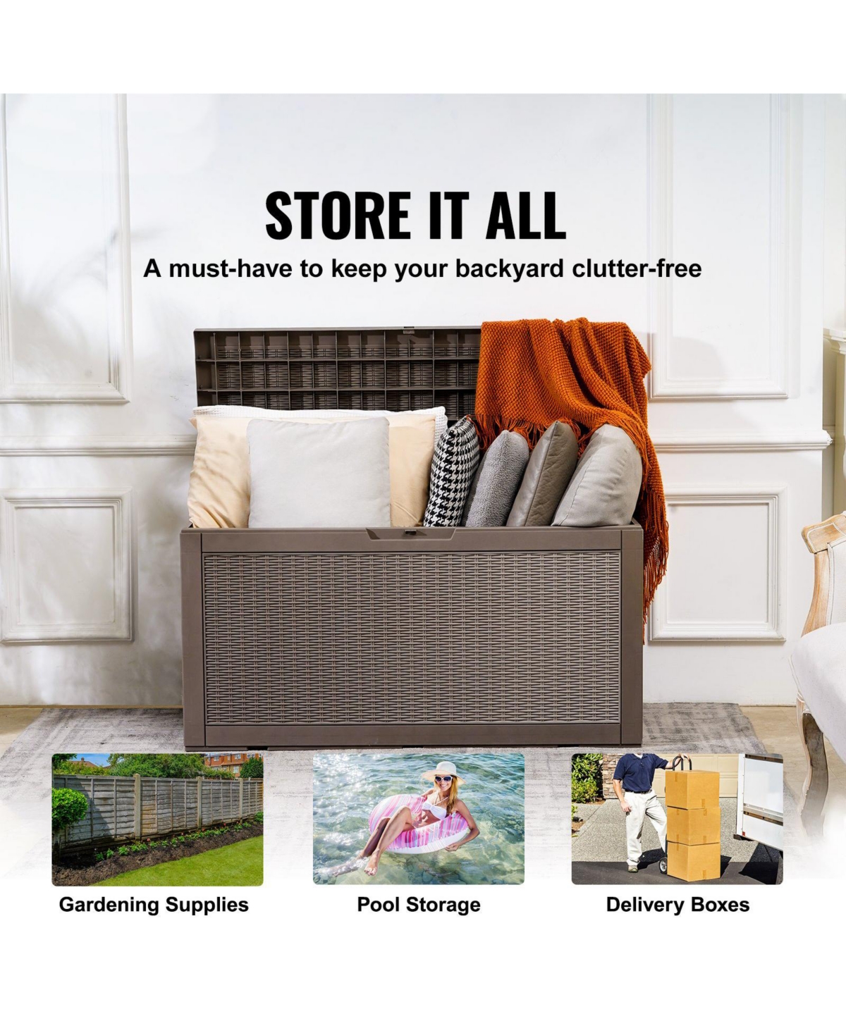 Slickblue Large 100-Gallon Waterproof Deck Box with Lock for Pool Toys, Cushions, and Tools