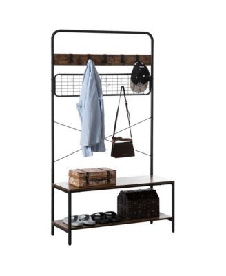 Vintage Brown Coat Rack Hall Tree with Storage for Entryway With 10 Hooks and Storage
