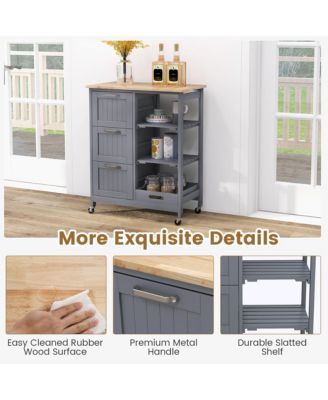 26.5" MDF, Metal 3 Drawers, Shelves, Removable Tray, Lockable Wheels Rolling Kitchen Island Cart