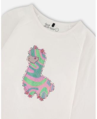 Girl Cotton T-Shirt Off White with Llama - Toddler|Child