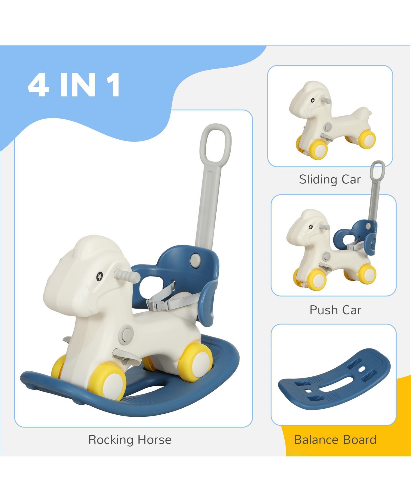 Детская игрушка Qaba 4-in-1 Detachable Push Handle Rocking Horse, 88 lbs. Capacity, Ages 2-5, цвет: Синий — фото 4